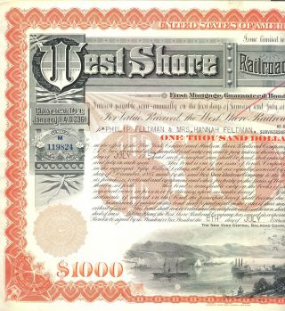 1957 West Shore Railroad Company $1,  000 Bond Certificate - York Central photo