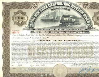1960 Nyc York Central & Hudson River Railroad - 3 1/2% Gold Bond Certificate photo