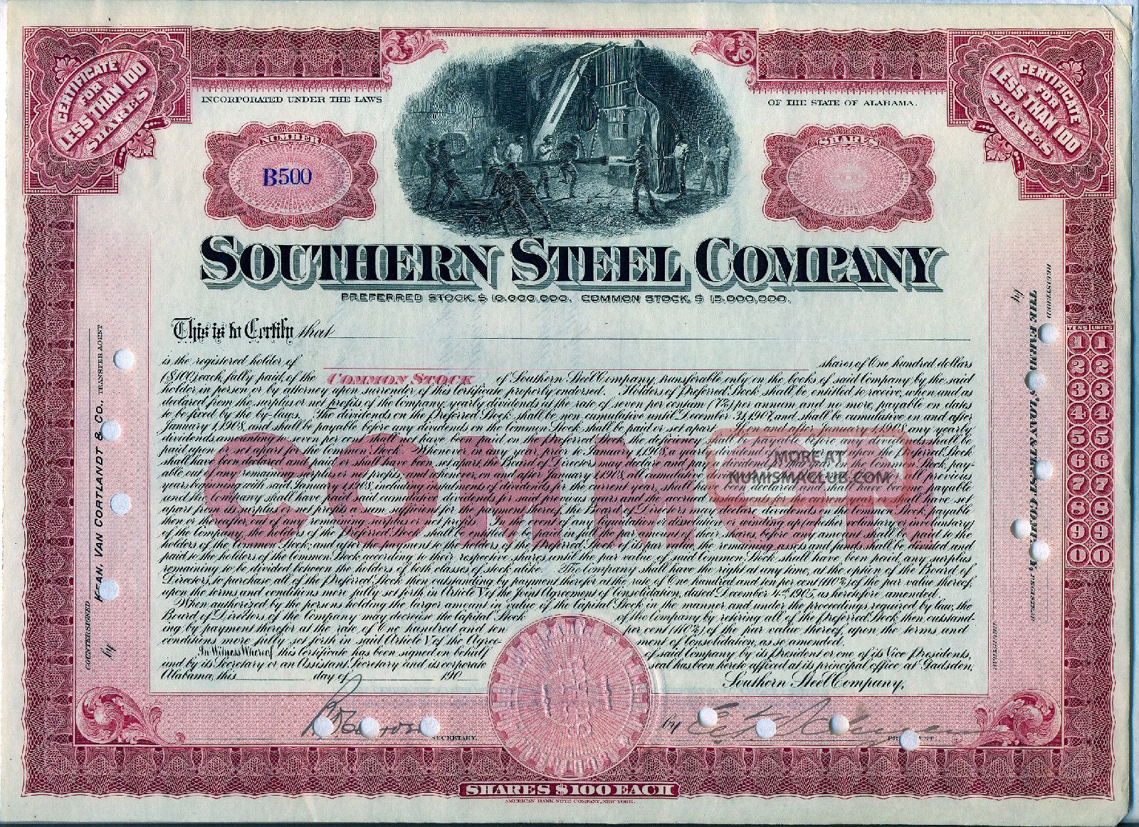 Southern Steel Company Stock Certificate Gadsen Alabama Stocks & Bonds, Scripophily photo