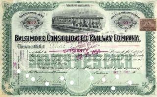 1897 Baltimore Consolidated Rw Stock Certificate - - Tandem Trolleys photo