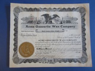 Old C.  1900 - Acme Ozocerite Wax Co.  - Stock Certificate Utah - Unissued photo