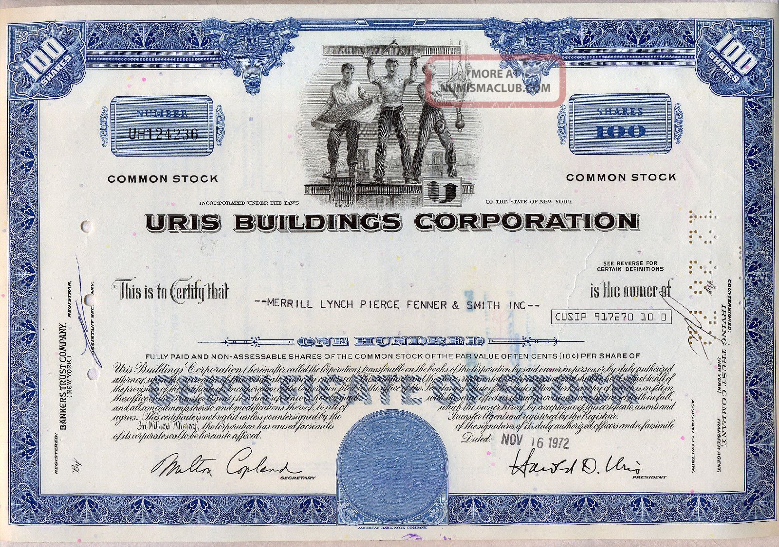 Uris Buildings Corporation Stock Certificate York Construction Stocks & Bonds, Scripophily photo