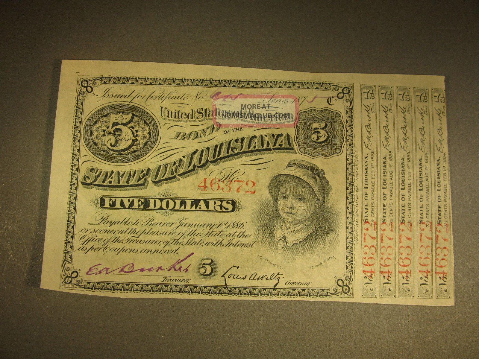 Old 1883 Five Dollar United States Of America Bond State Of Louisiana Stocks & Bonds, Scripophily photo