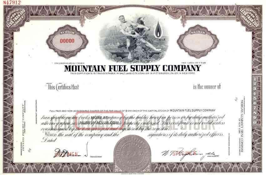 Mountain Fuel Supply Co Specimen Stock Certificate Stocks & Bonds, Scripophily photo