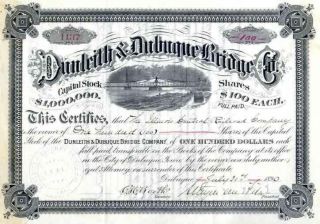 1890 Dunleith & Dubuque Bridge Co Stock Certificate Signed By Stuyvesant Fish photo