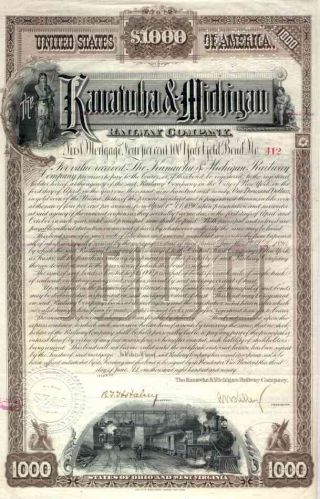 1890 Kanawha & Michigan Rw Bond Certificate photo