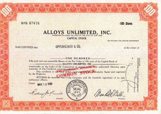 Broker Owned Stock Certificate: Oppenheimer Co,  Payee; Alloys Unlimited,  Issuer photo
