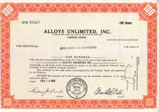 Broker Owned Stock Certificate: Smith Barney Co,  Payee; Alloys Unlimited,  Issuer photo