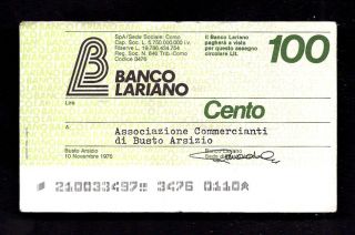 Italy Banco Lariano 100 Lire 1976 Check photo
