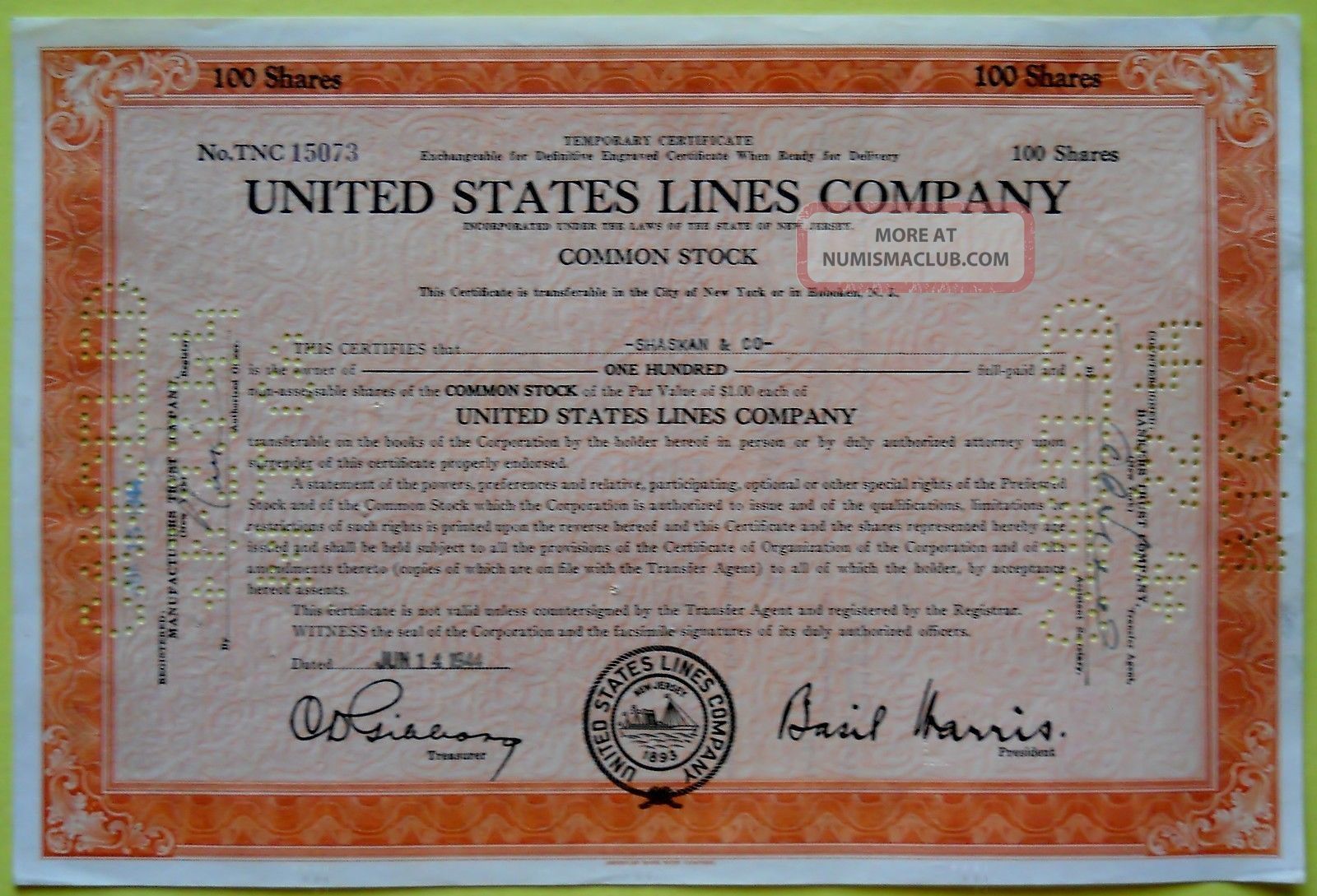 1944 United States Lines Co Stock Cert 100 Shares Transportation photo