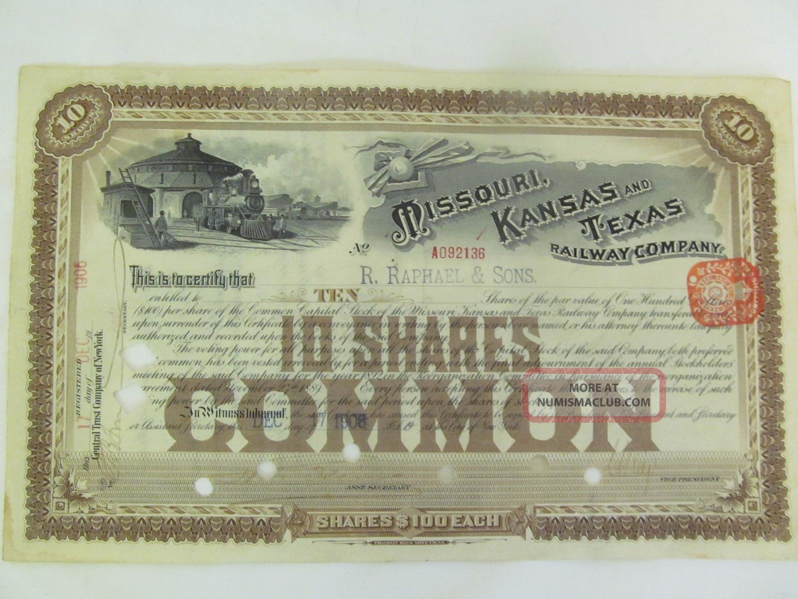 Missouri,  Kansas And Texas Railway Company Stock Certificate With British Stamp Transportation photo
