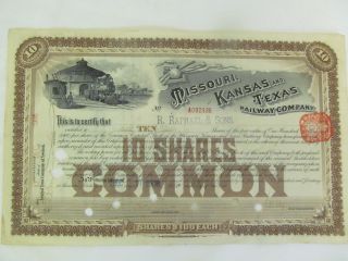 Missouri,  Kansas And Texas Railway Company Stock Certificate With British Stamp photo