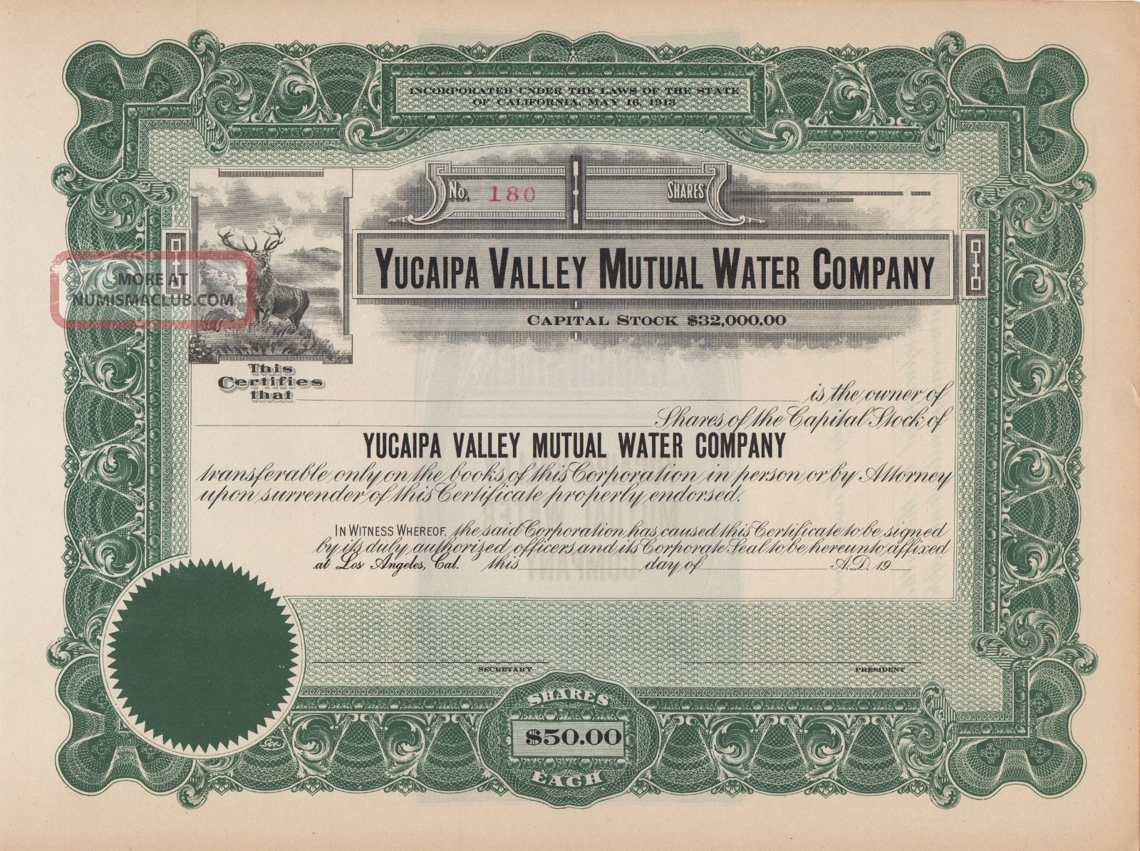 1913 Yucaipa Valley Water Co Stock Certificate California Stocks & Bonds, Scripophily photo