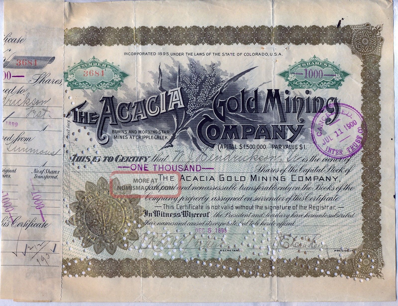 Acacia Gold Mining Company Stock Certificate Cripple Creek Stocks & Bonds, Scripophily photo
