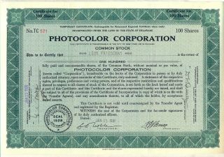 Photocolor Corporation Stock Certificate Delaware photo