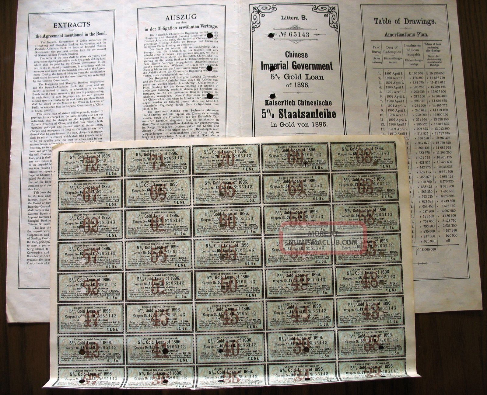 China 1896 Chinese Imperial Government Bond Gold Loan With Coupons 50 ...