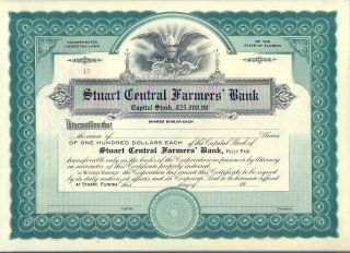 Stuart Central Farmers Bank Stock Certificate Florida photo