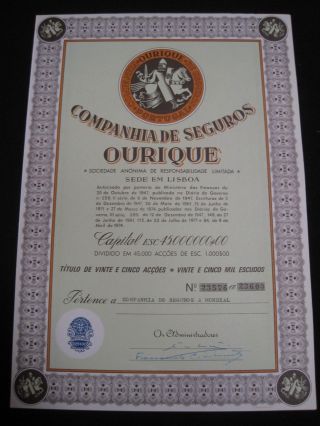 Insurance Company Ourique - Twenty - Five Shares Certified 1974 ? photo