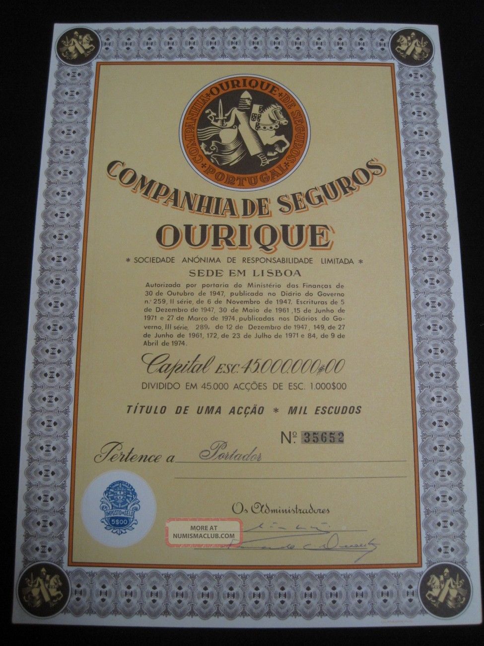 Insurance Company Ourique - One Share Certified 1974 ? World photo