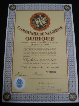 Insurance Company Ourique - One Share Certified 1974 ? photo