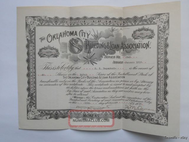 1919 Oklahoma City Building Loan Stock Certificate Stocks & Bonds, Scripophily photo