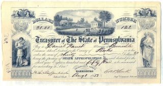 1853 Treasurer Of The State Of Pennsylvania Check Certificate Stock Pre War photo