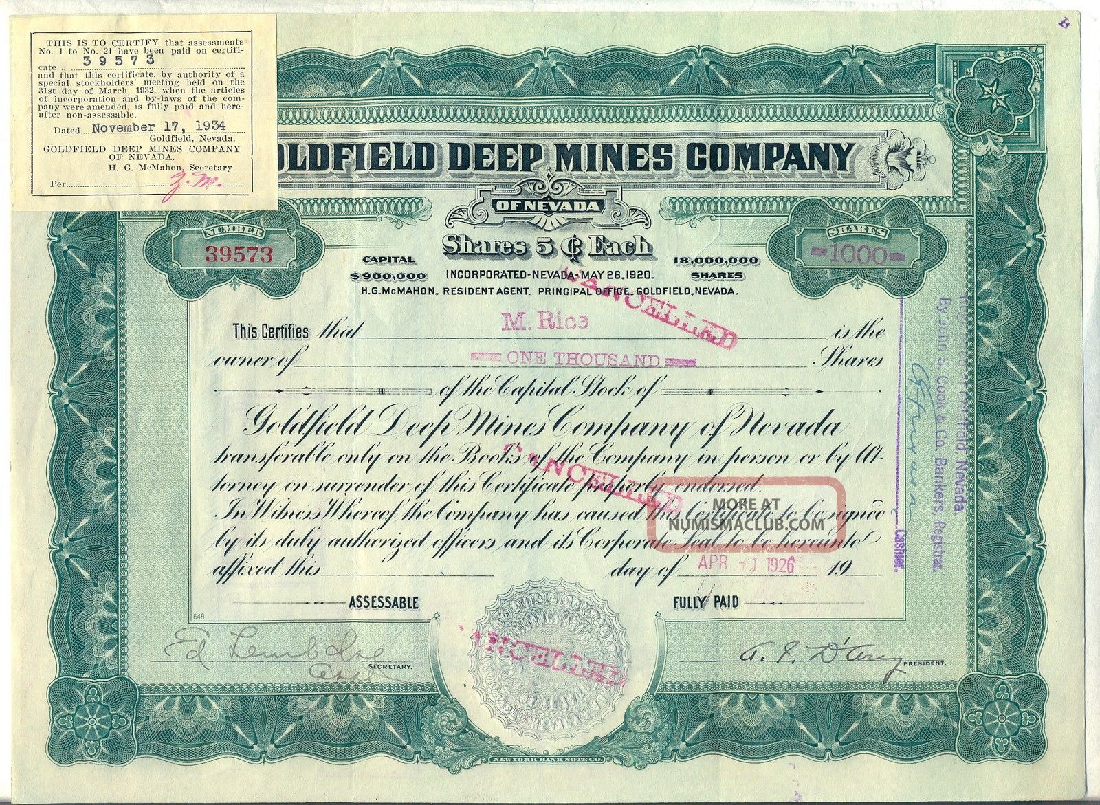 Goldfield Deep Mines Company Stock Certificate Nevada Mining Gold Stocks & Bonds, Scripophily photo