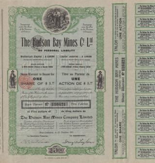 Canada The Hudson Bay Mines Co Stock Certificate 1911 W/coupons photo