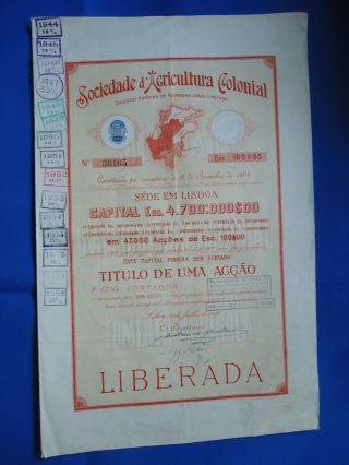 Portugal Share Sociedade Agricultural Colonial 100 Escudos 1944 Look Scans photo