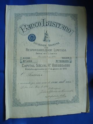 Portugal Share Banco Lusitano 100$000 Reis 1895 Look Scans photo