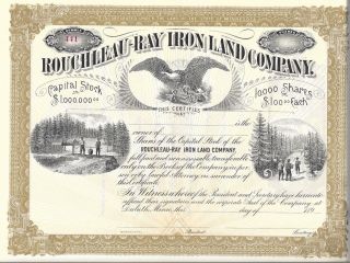 Rouchleau - Ray Iron Land Company. . . . . .  1890 ' S Stock Certificate photo