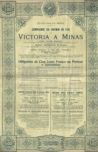 Brazil Bond 1902 Victoria Minas Railway Chemin Fer 500 Fr Coupons Deco photo