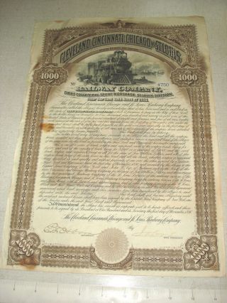 Nov 1890 $1,  000 Gold Bond Cleveland Cincinnati Chicago & St Louis Railway 4750 photo