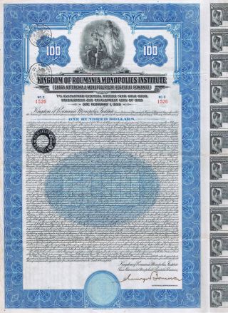 Kingdom Of Roumania Monopolies Institute 7% Guaranteed Gold Bond 100$ 1929 photo