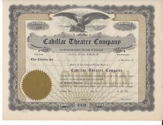Cadillac Theatre Company (michigan). . . .  1920 ' S Unissued Stock Certificate photo