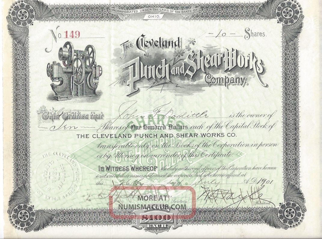 The Cleveland Punch And Shear Company. . . . .  1901 Stock Certificate Stocks & Bonds, Scripophily photo