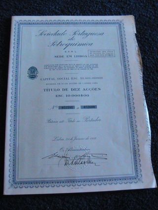 Portuguese Society Of Petrochemical Ten Share Certified 1959 photo