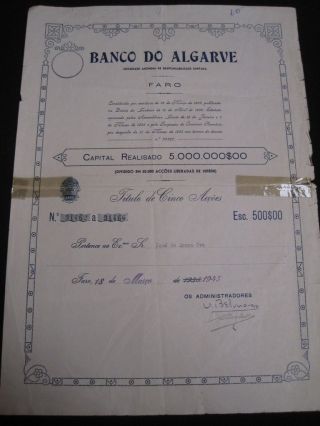 Bank Of Algarve - Five Share Certified 1945 photo
