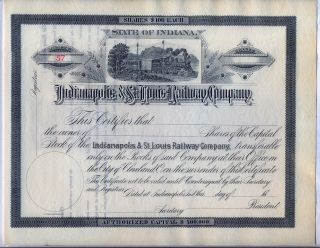 Indianapolis & St.  Louis Railway Company Stock Certificate Railroad Indiana photo