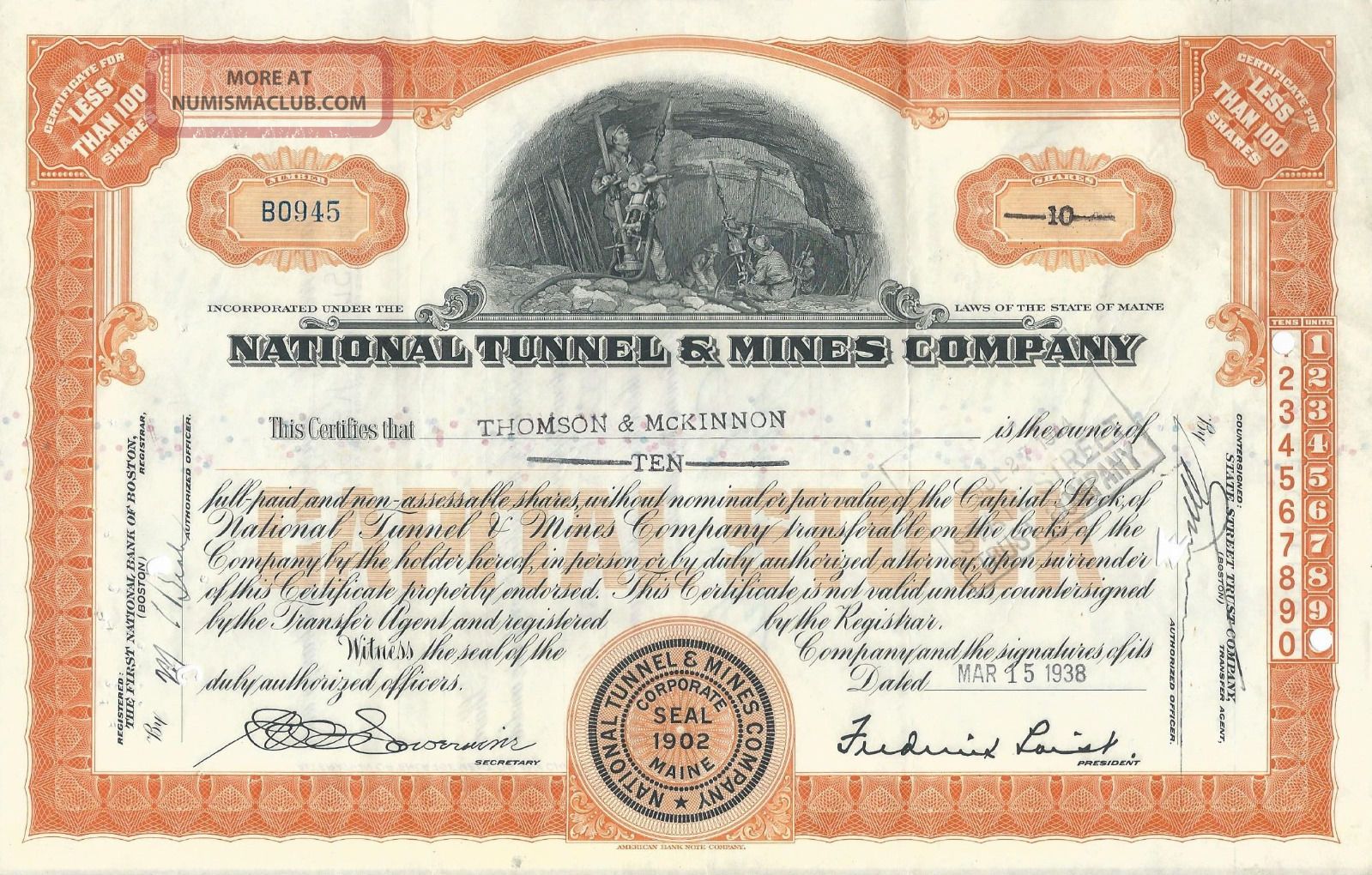 1938 National Tunnel & Mines Co.  Stock Certificate 10 Shares Stocks & Bonds, Scripophily photo