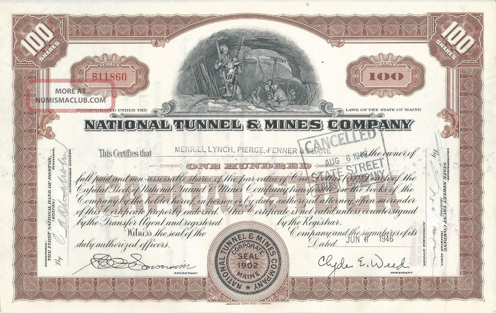 1946 National Tunnel & Mines Co.  Stock Certificate 100 Shares Stocks & Bonds, Scripophily photo