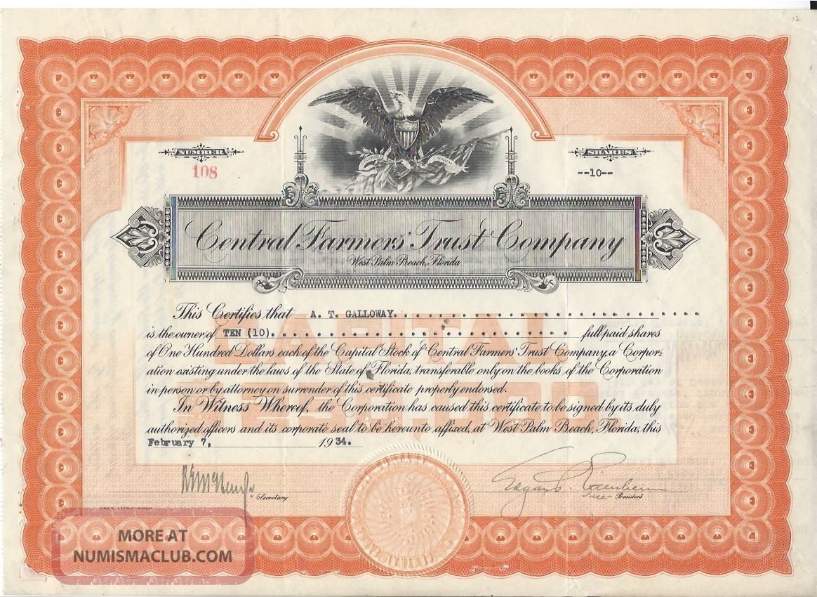 Central Farmers Trust Company (west Palm Beach Florida) 1934 Stock