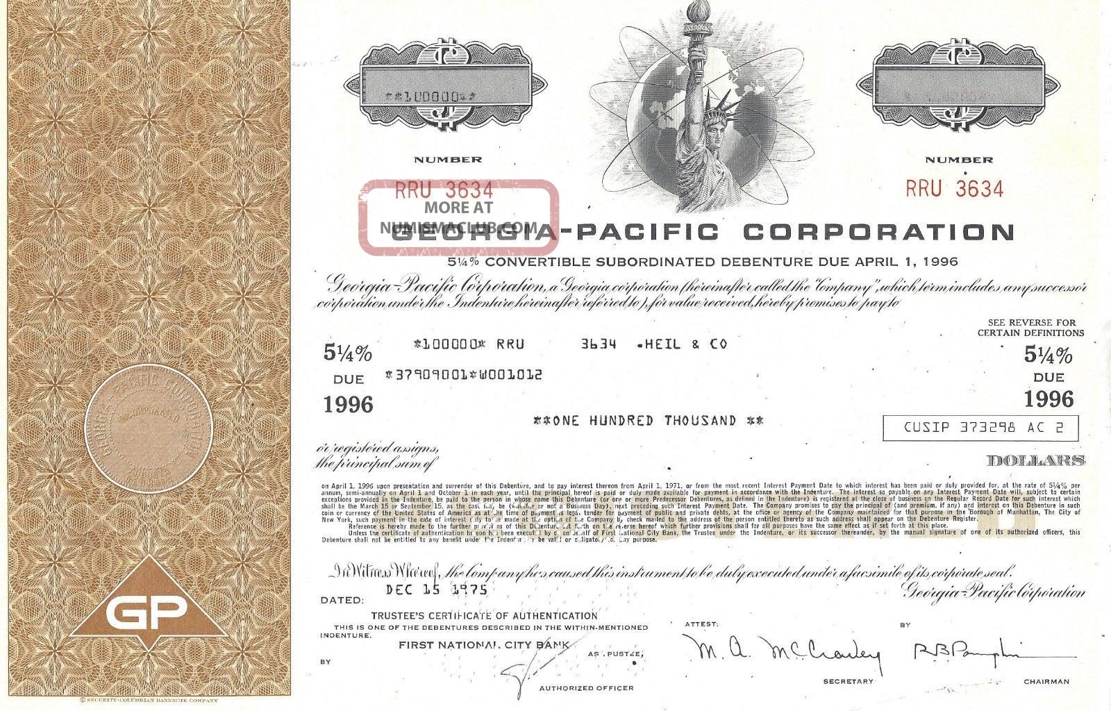 Georgia - Pacific Corporation. . . . . . .  Debenture Due 1996 Stocks & Bonds, Scripophily photo