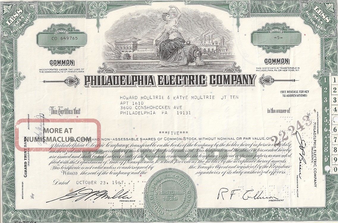 Philadelphia Electric Company. . . . . . . . .  1959 Stock Certificate Stocks & Bonds, Scripophily photo