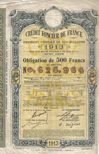 France State 3.  5% Bond Credit Foncier 1913 500 Fr Uncancelled Deco Coupons photo
