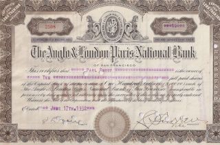 The Anglo & London Paris National Bank Of San Francisco. .  1928 Stock Certtificate photo