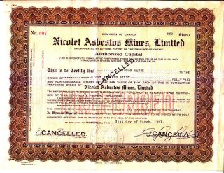 Nicolet Asbestos Mines Limited Canada 1931 Stock Certificate photo