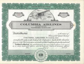 Columbia Airlines (baltimore). . . .  Unissued Stock Certificate photo