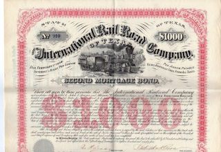 International Railroad Co.  Of Texas 1874 8% Gold Loan Bond $1000 - Unc & Coupons photo