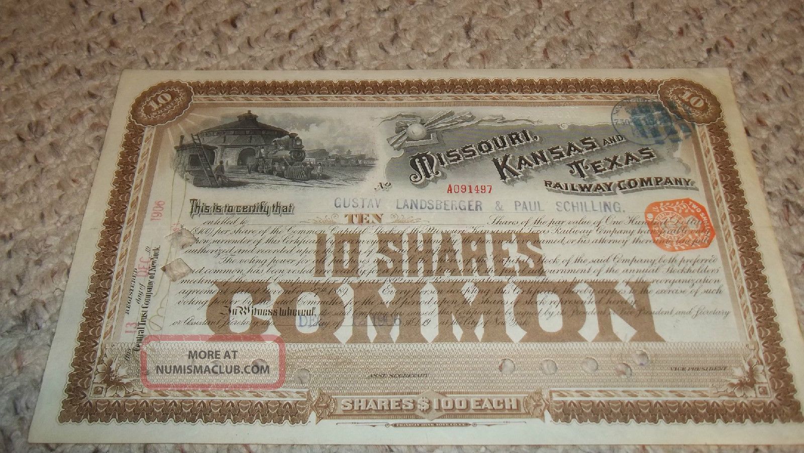 Missouri,  Kansas And Texas Railway Company Stock Certificate British Stamp 1906 Transportation photo
